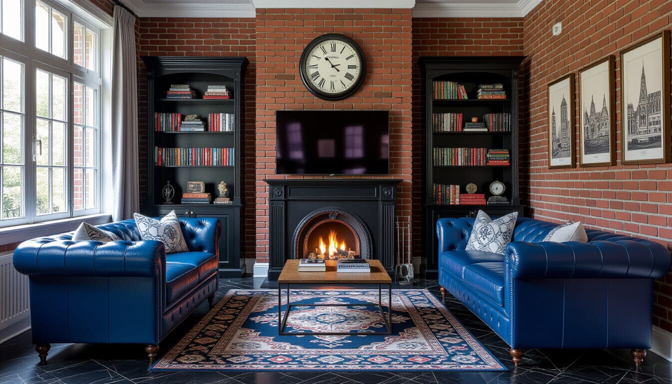 Victorian Living Room with Dark Blue & Brick Accents