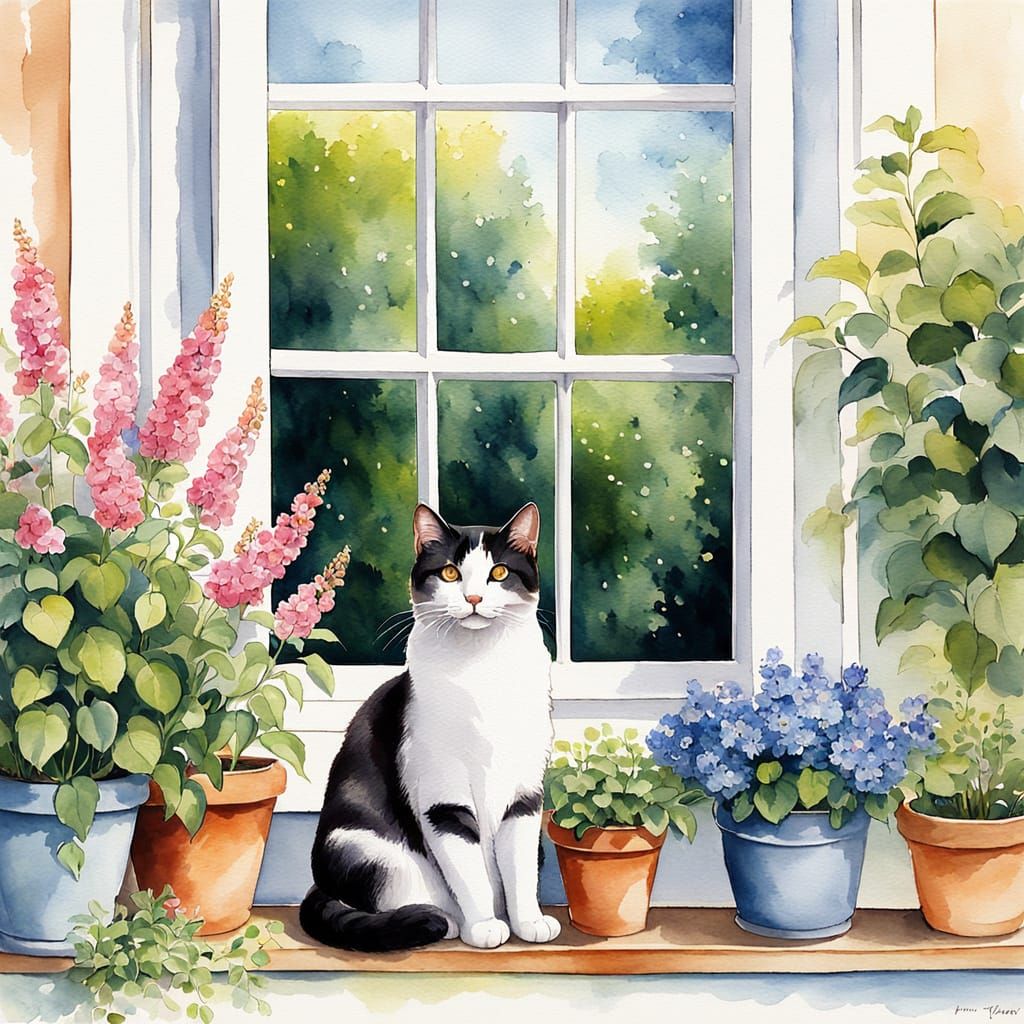 Cat Contemplates Garden View in Watercolor Style