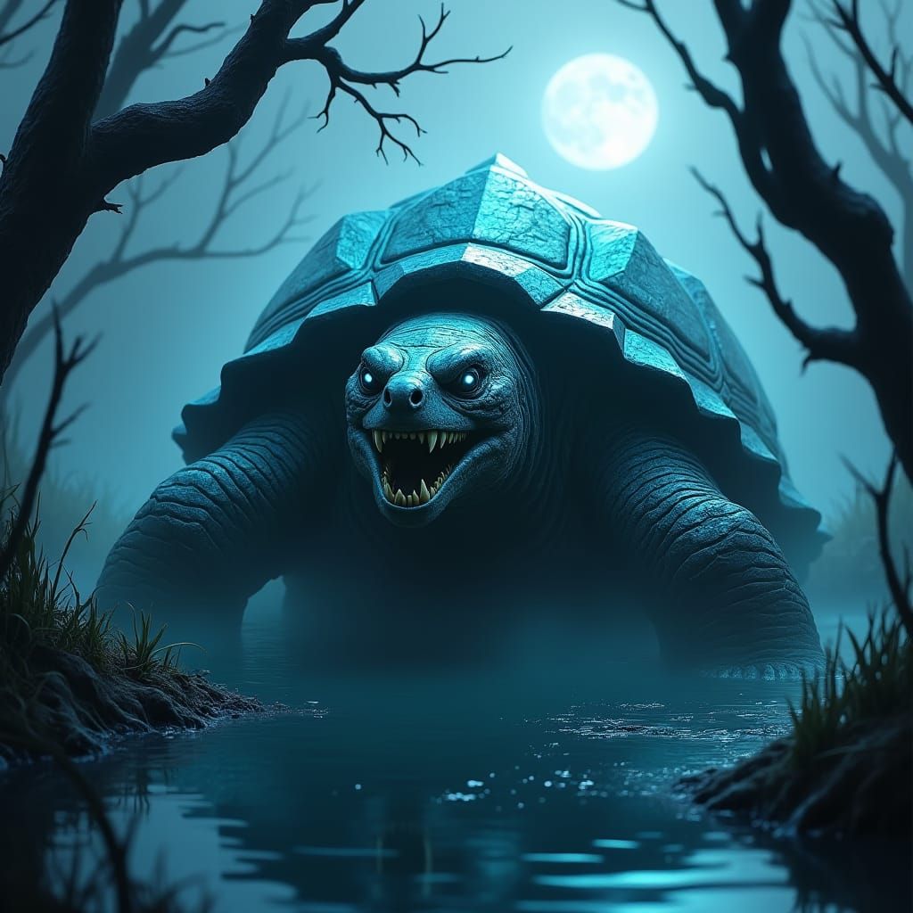 Mythical Giant Snapping Turtle in a Fog-Covered Swamp