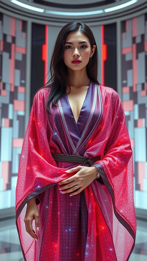 A Futuristic Goddess in Holographic Robe, Blending Ancient E...