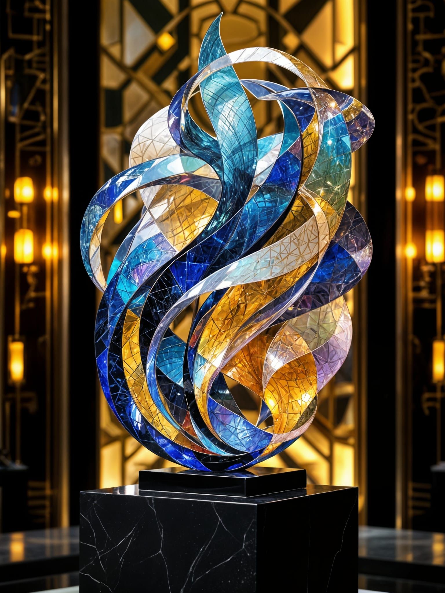 Hyperdetailed Art Deco Glass Sculpture in Museum