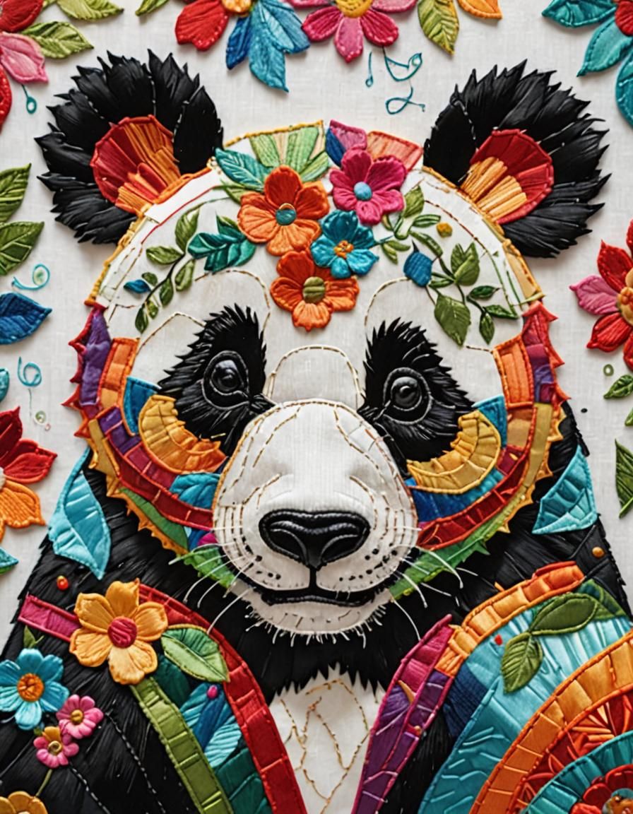 Colorful Patchwork Panda Fabric Art in Macro