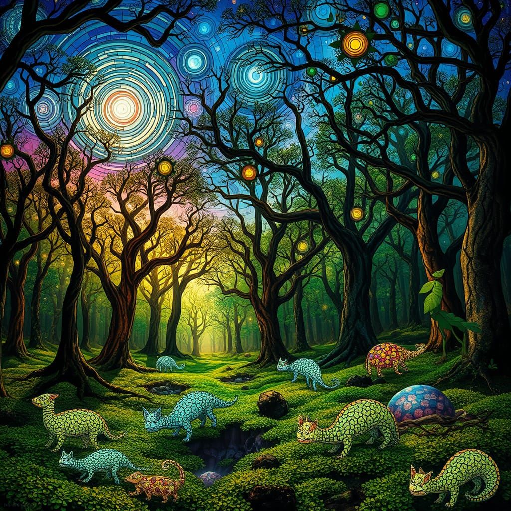 Stained Glass Forest Glade with Galaxy Sky