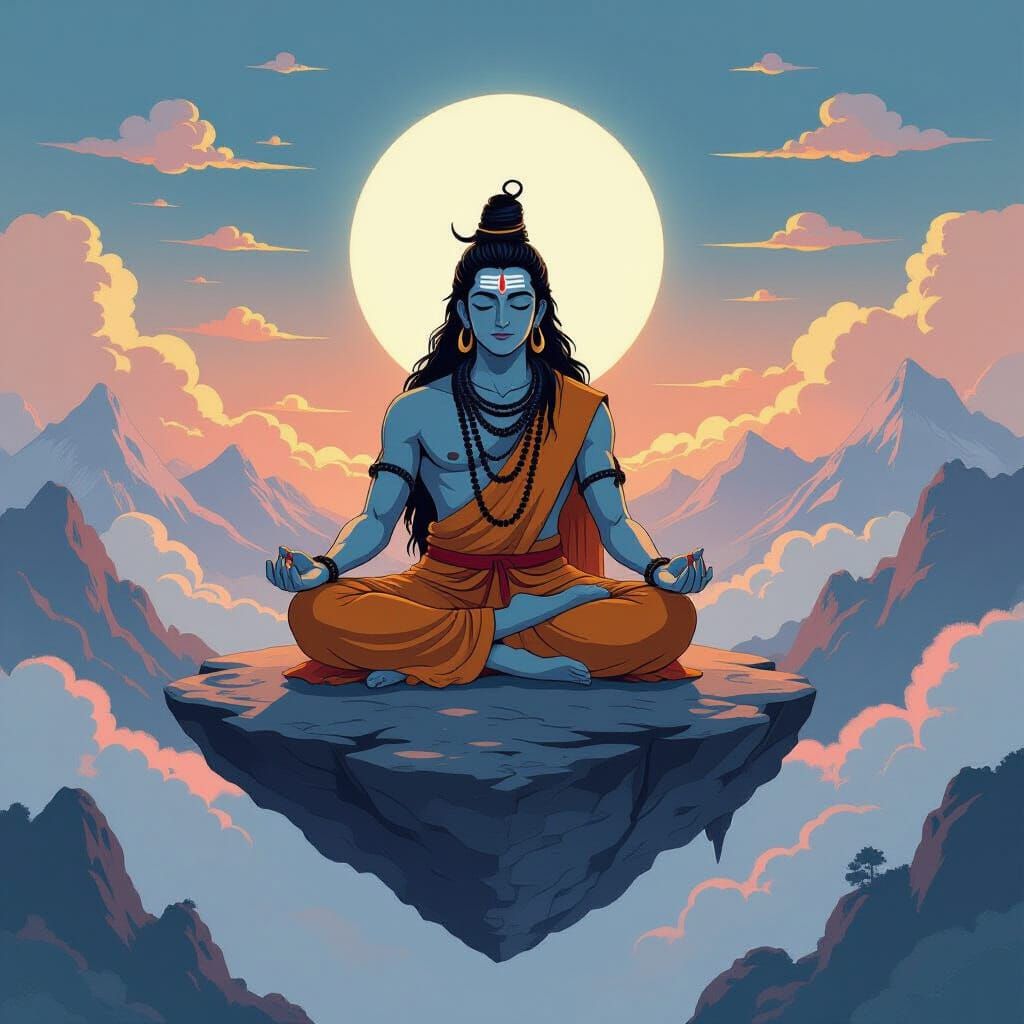 Lord Shiva Meditating in Ghibli-Style Himalayas