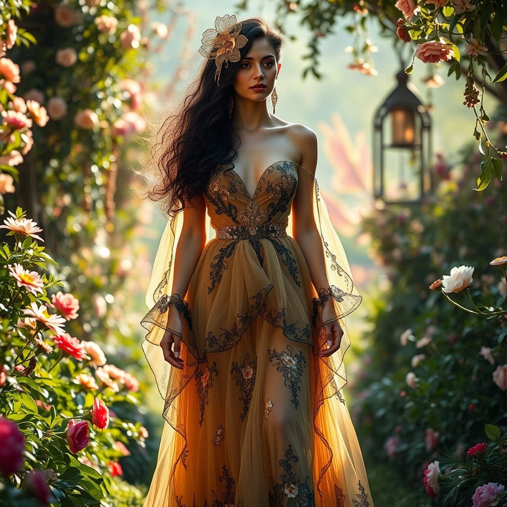 Woman in Garden with Alphonse Mucha Flair