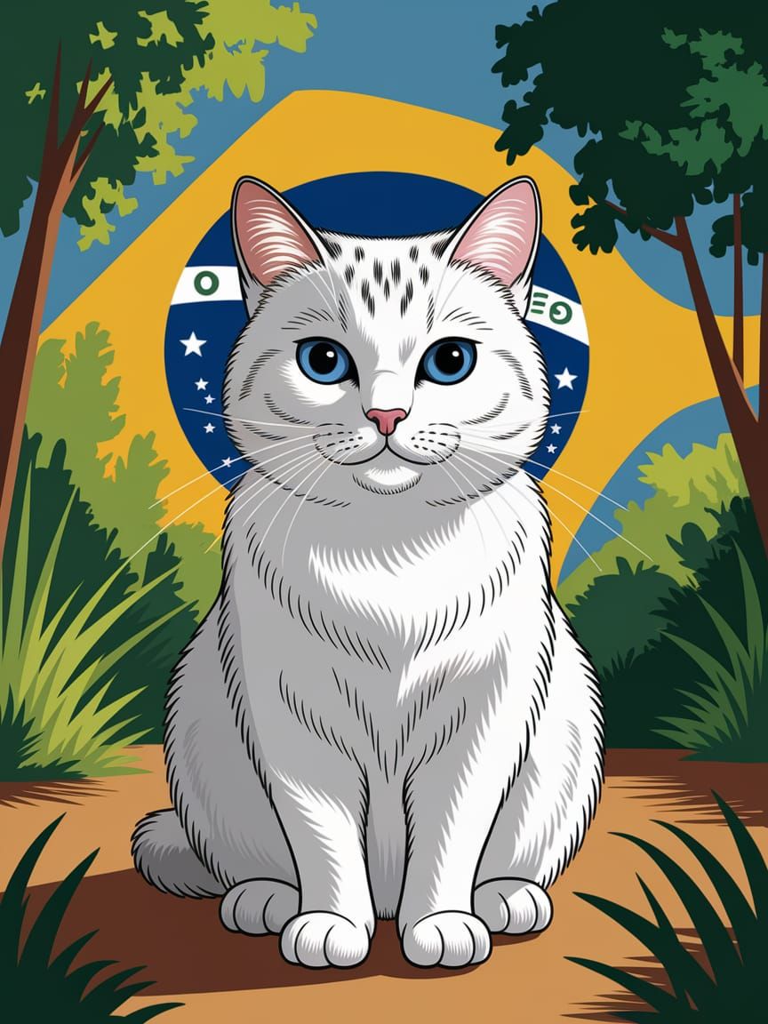 White Cat in South Brazilian Emoji-Style Design