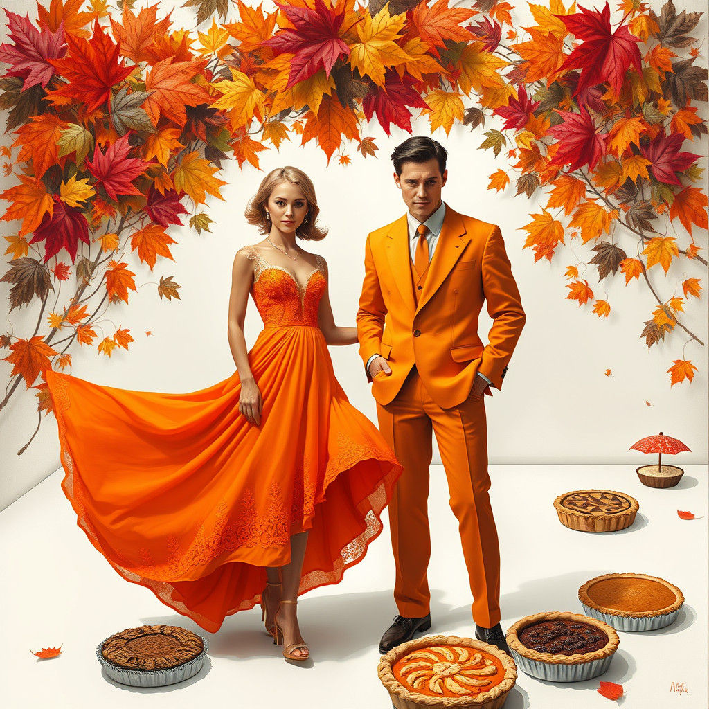 Surreal Couple in Orange Amidst Leaves and Pies