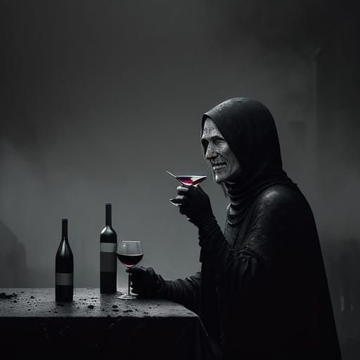 Eerie Dystopian Surrealism: Figure Drinks Wine Amidst Despai...