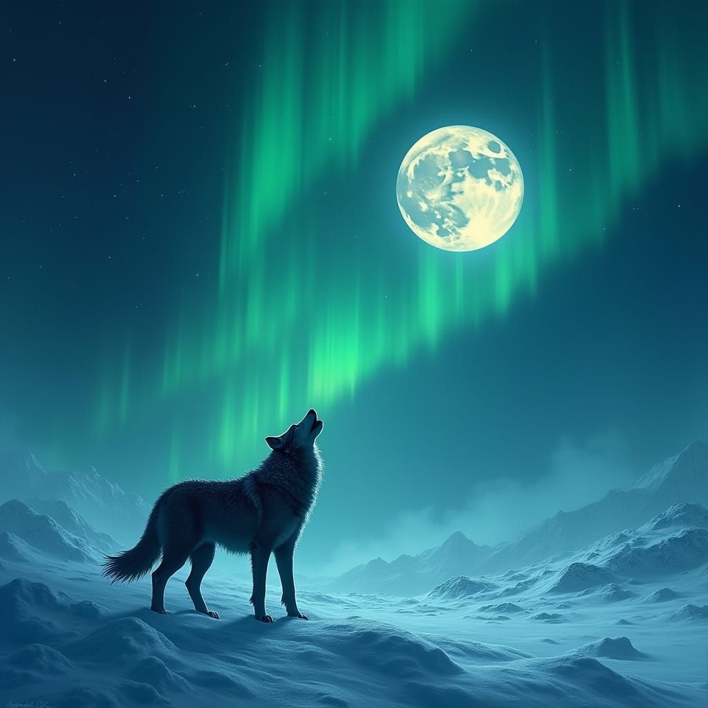 Lone Wolf Howling Under Aurora Borealis and Full Moon