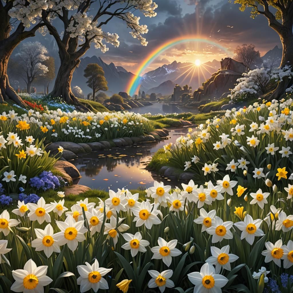 Sunrise Rainbow over Daffodils: Fantasy Concept Art