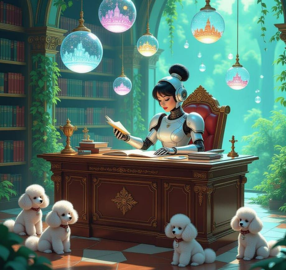 Fembot Librarian Cataloging Dreams in Enchanted Futuristic L...