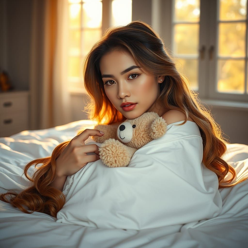 Realistic Portrait of Young Woman in Bed with Teddy Bear