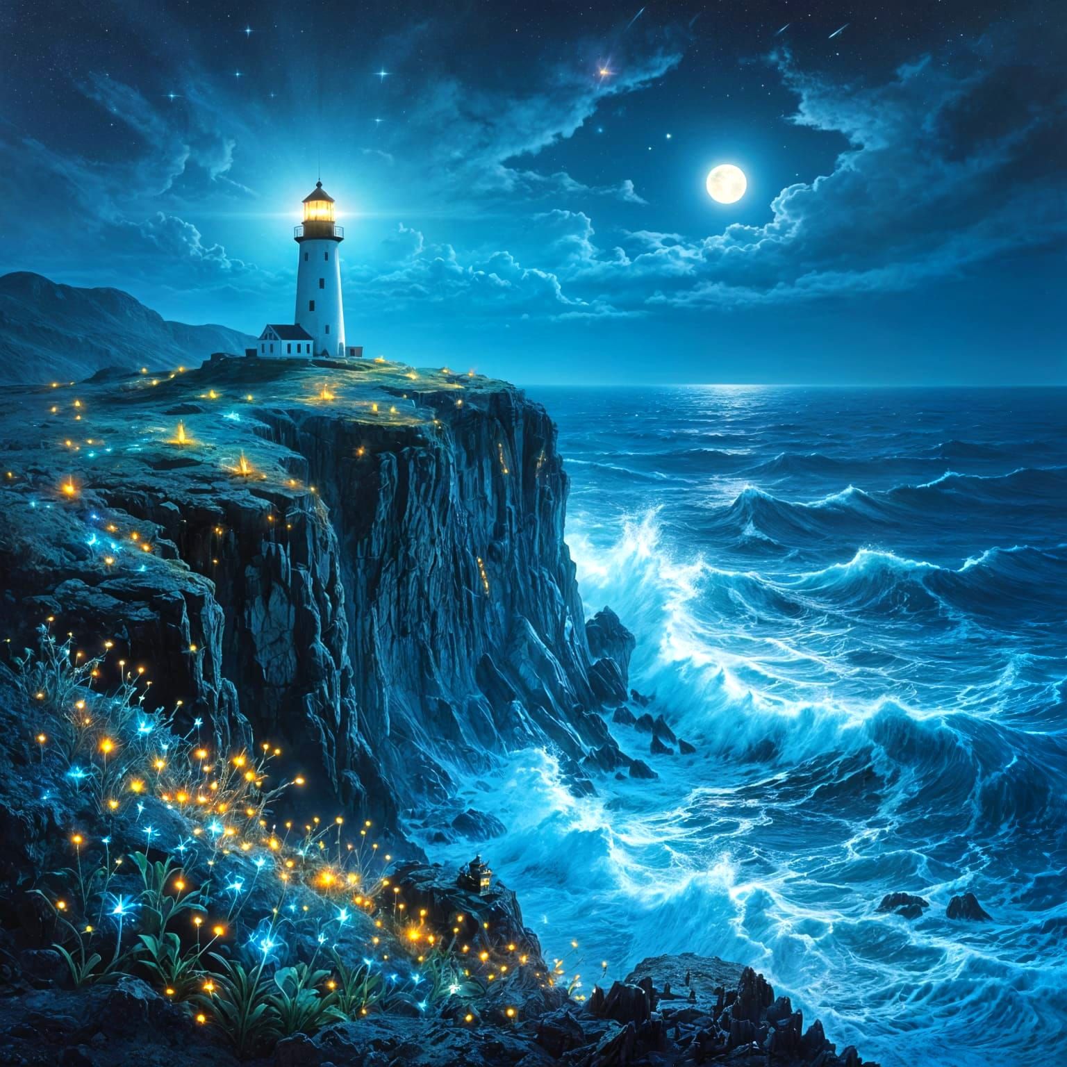 Surreal Lighthouse on Jagged Cliff Under Starlit Sky