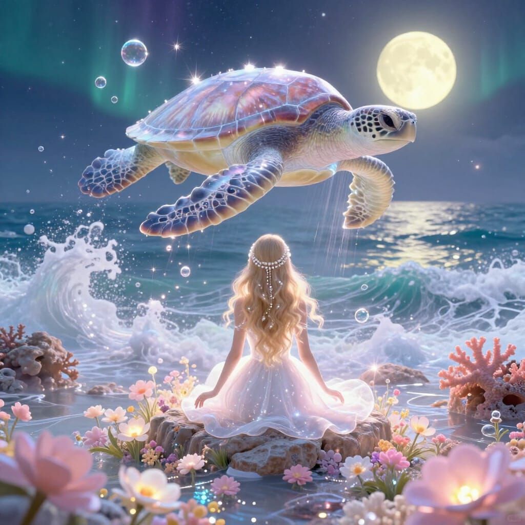 Radiant Woman on Rocks with Sea Turtle Under Starry Sky