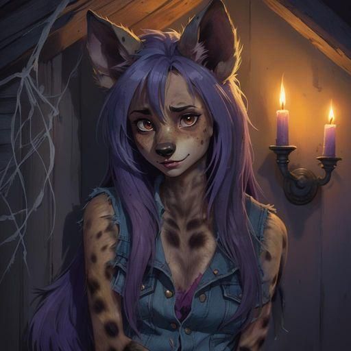 Furry Hyena in Attic, Cartoon Style