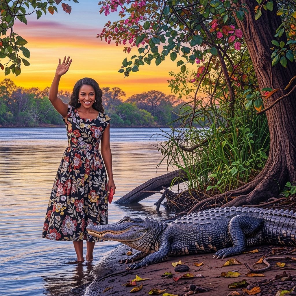 Louisiana Woman Waving by River with Alligator