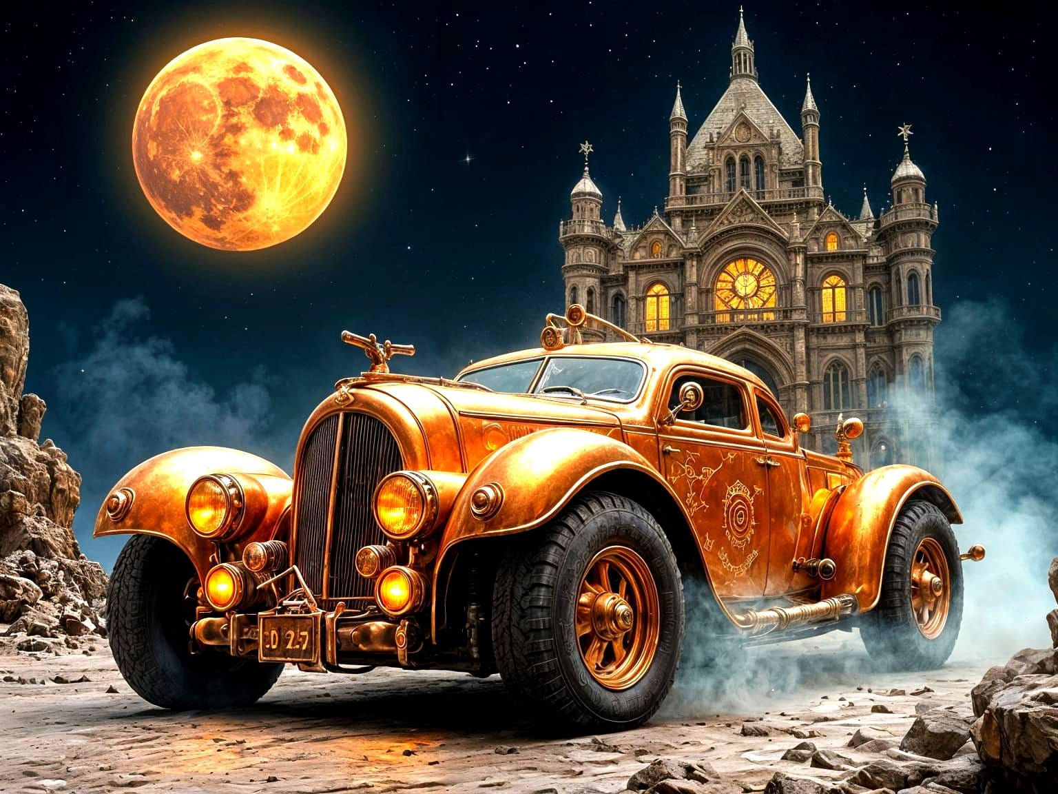 Heavy Metal Steampunk Car in Victorian Landscape