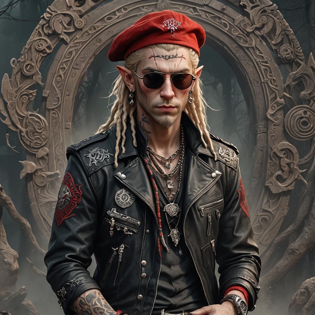 Young Elf Biker Gang Member in Detailed Matte Painting