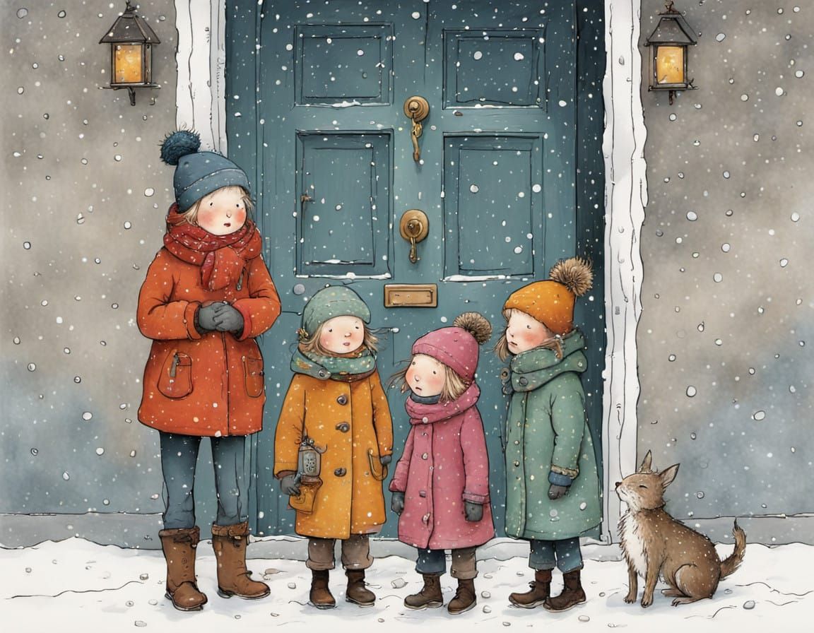 Children Stand Warmly in Winter Doorway as Snowstorm Rages O...