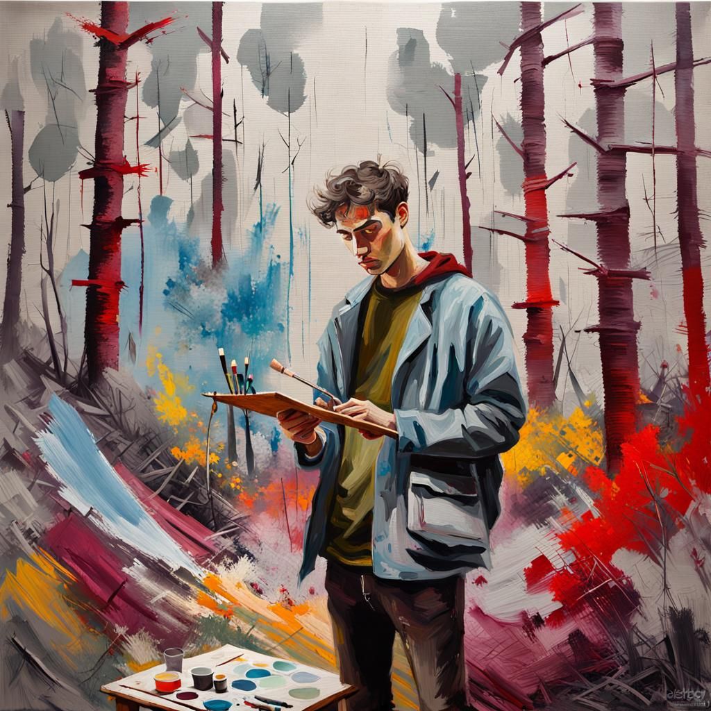 Artist Painting a Forest: Colorful Tapestry Portrait