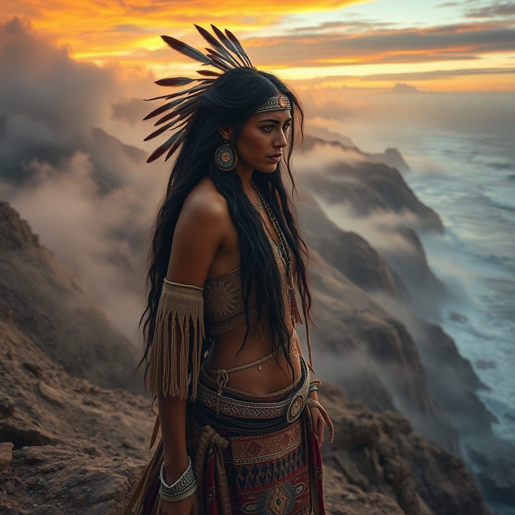 Mystical Native American Woman in Surreal Landscape
