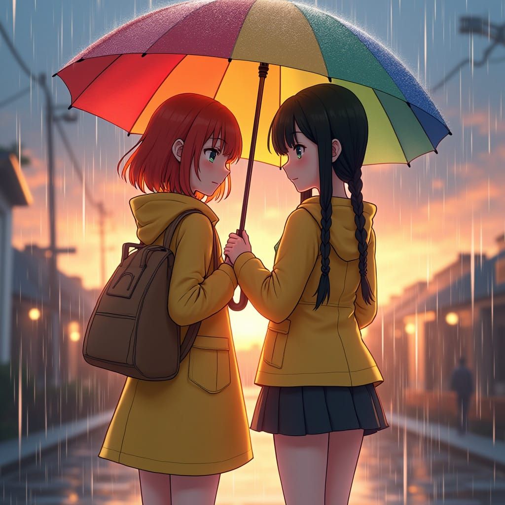 Ginger-Haired Girl Stands Under Rainbow Umbrella with Compan...