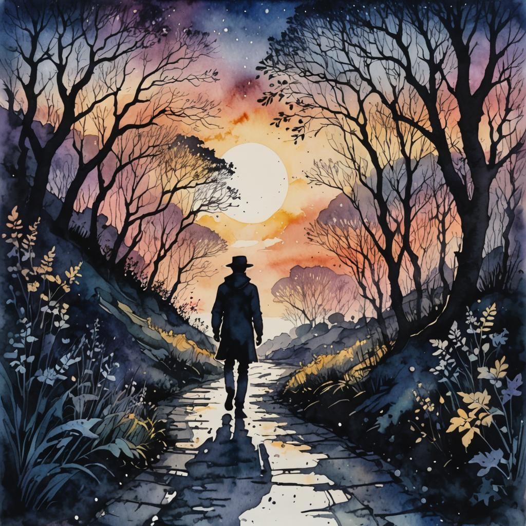 Mysterious Figure on Shadowy Path in Watercolor