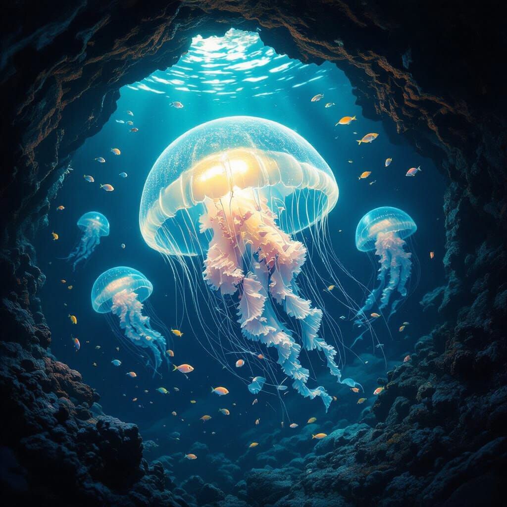 Bioluminescent Jellyfish Drifting in Deep-Sea Cave