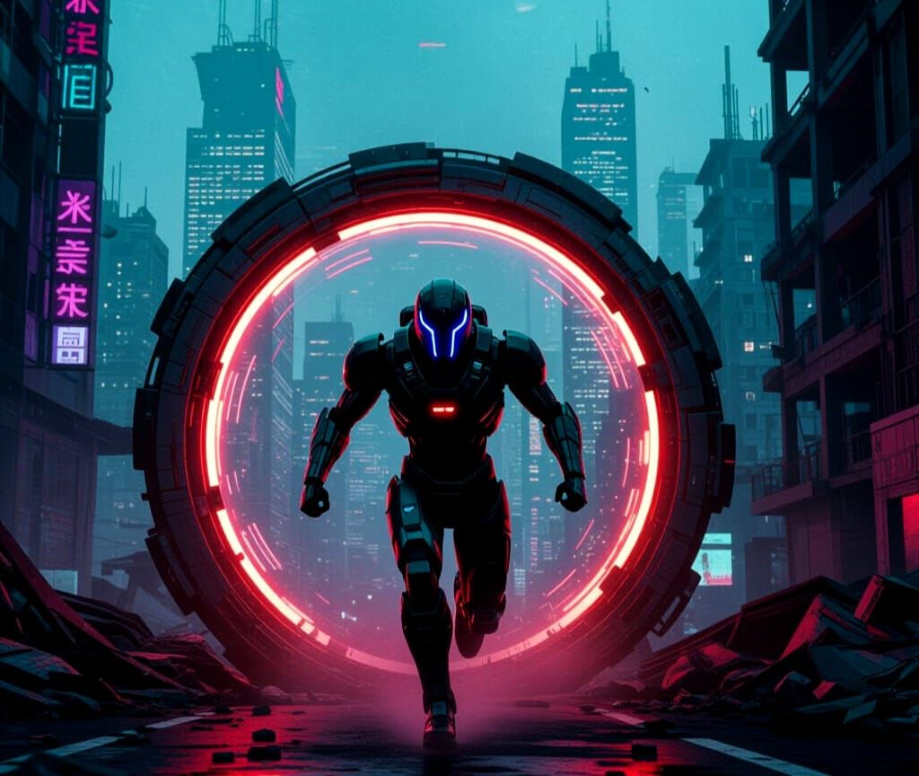 Futuristic Robot Emerges in Cyberpunk City