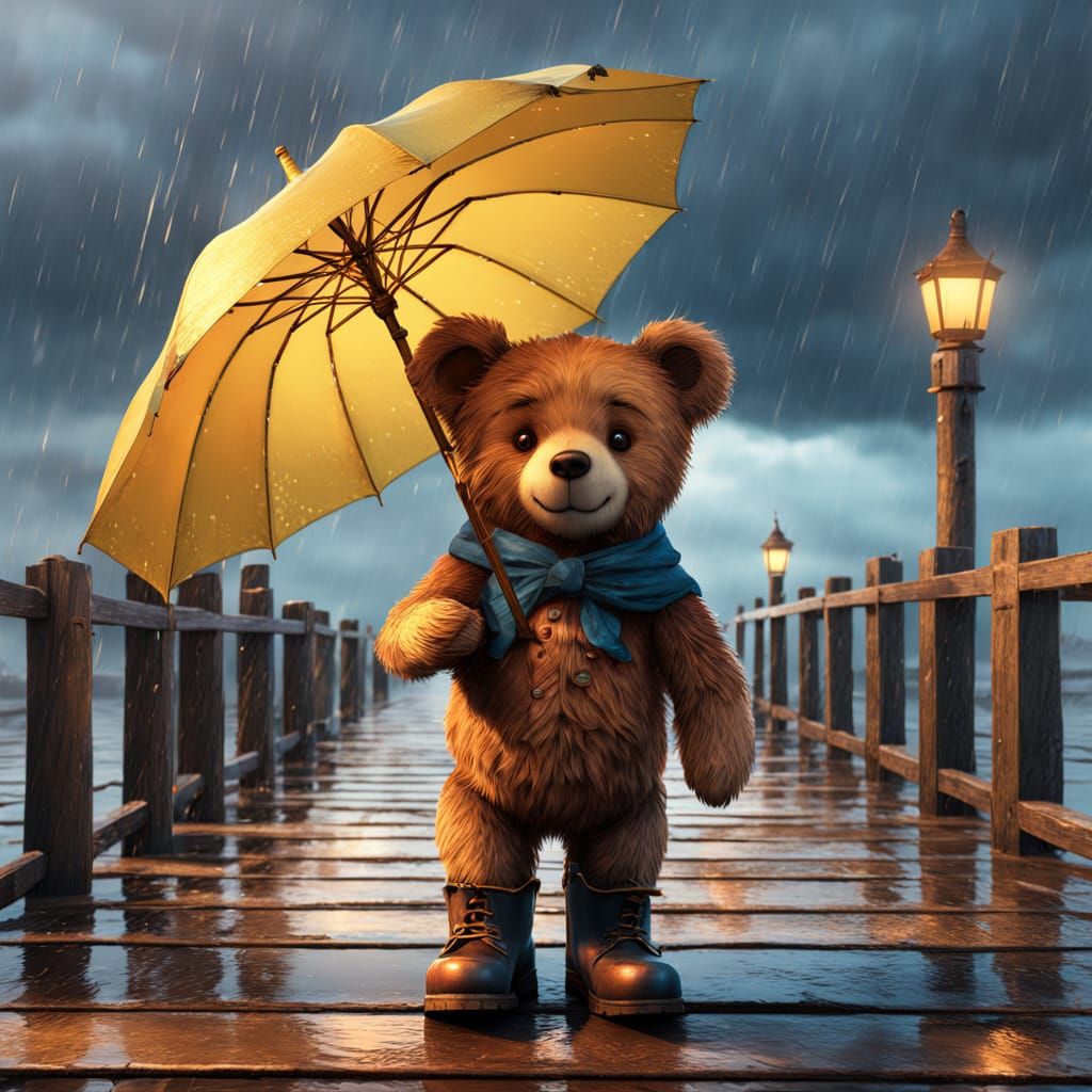 Whimsical Teddy Bear on a Stormy Pier, Holding a Colorful Um...