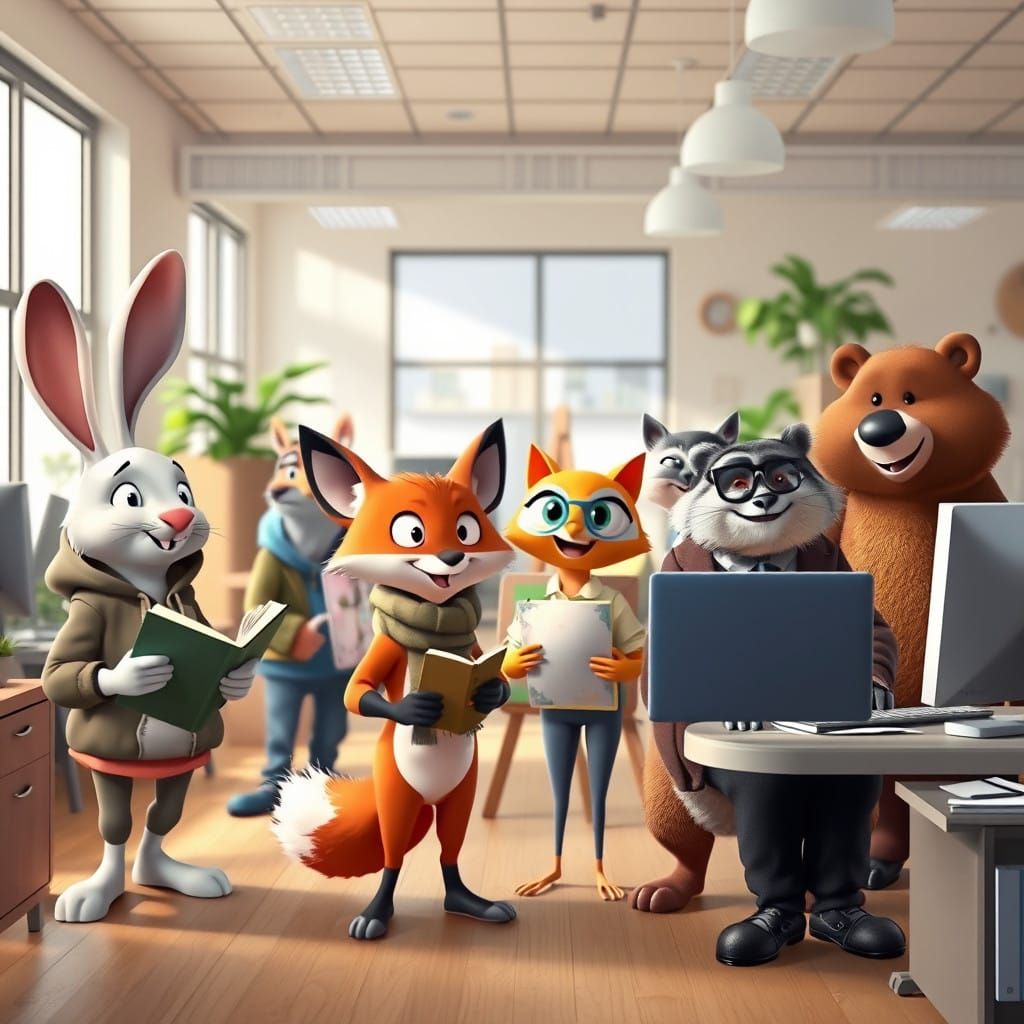 Diverse Creatures Gather in Vibrant Office