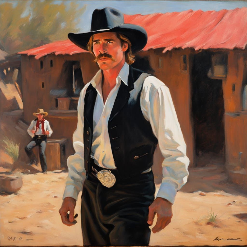 Vintage Cowboy Outside Cantina as Oil Painting