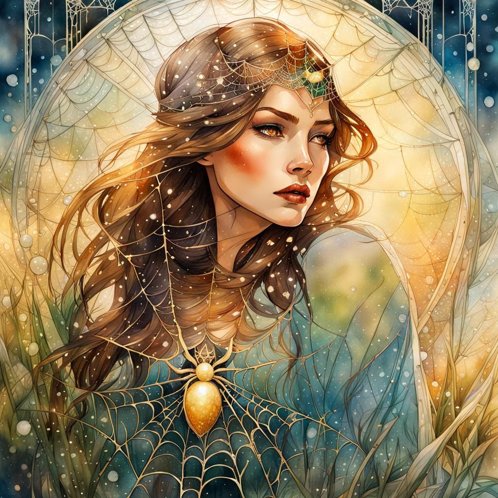 Spiderwoman in Frozen Landscape, Watercolor Illustration