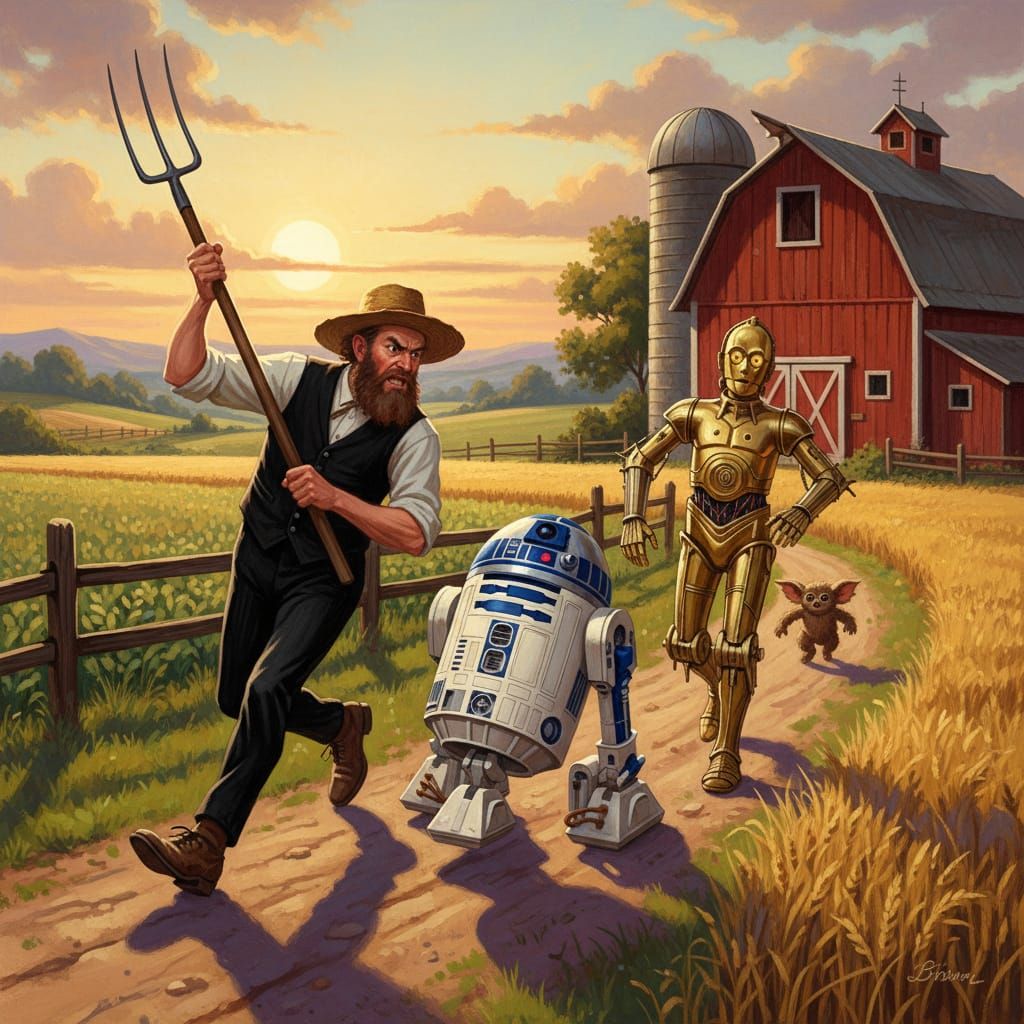 Amish Farmer Battles Star Wars Droids With Pitchfork