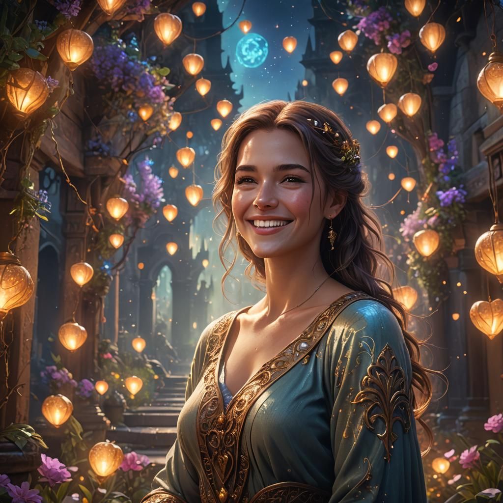 Radiant Woman Smiling in Soft Glow, Detailed Matte Painting