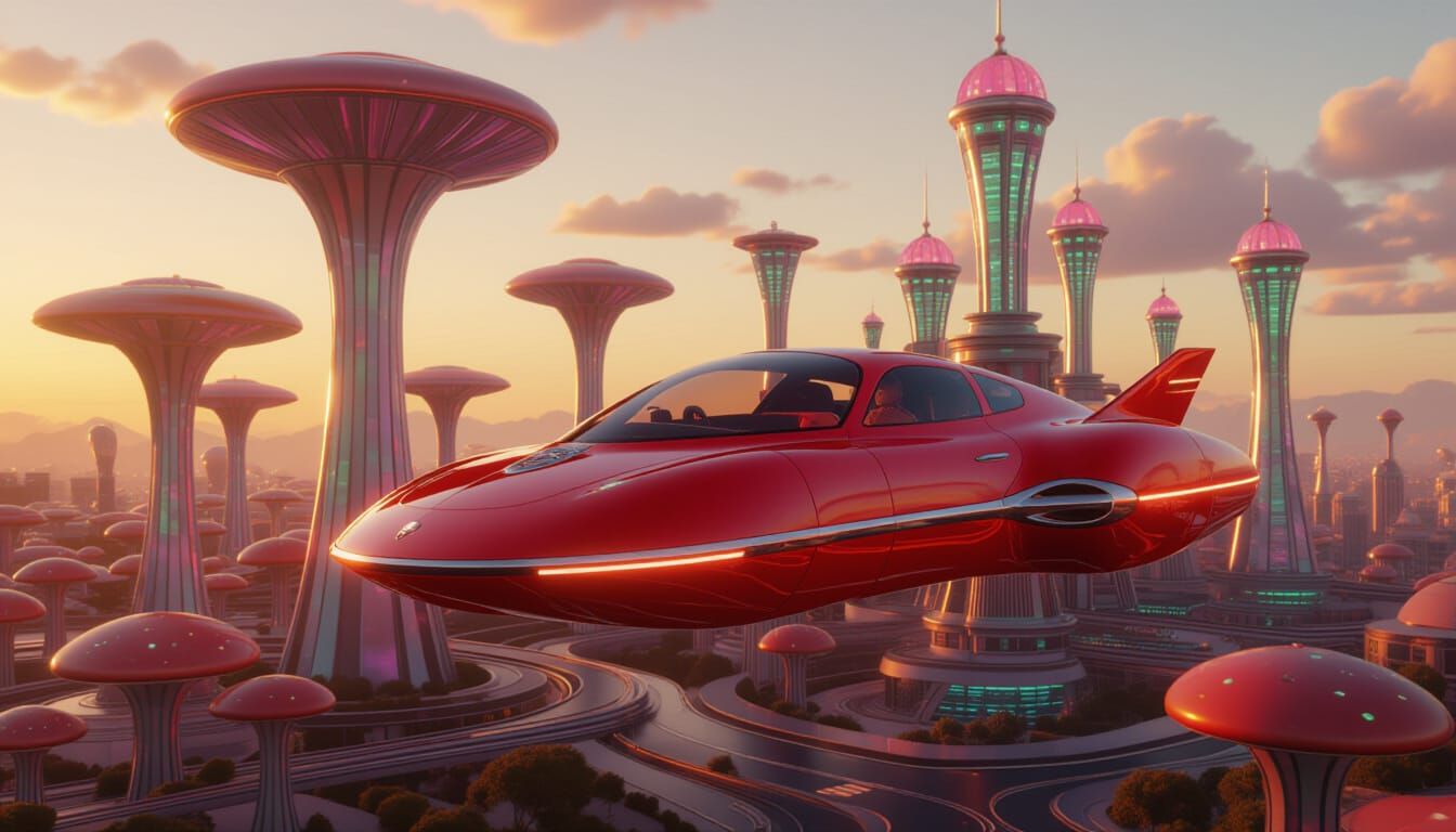 Retro-Futuristic Hovercar Soaring Over Mushroom City