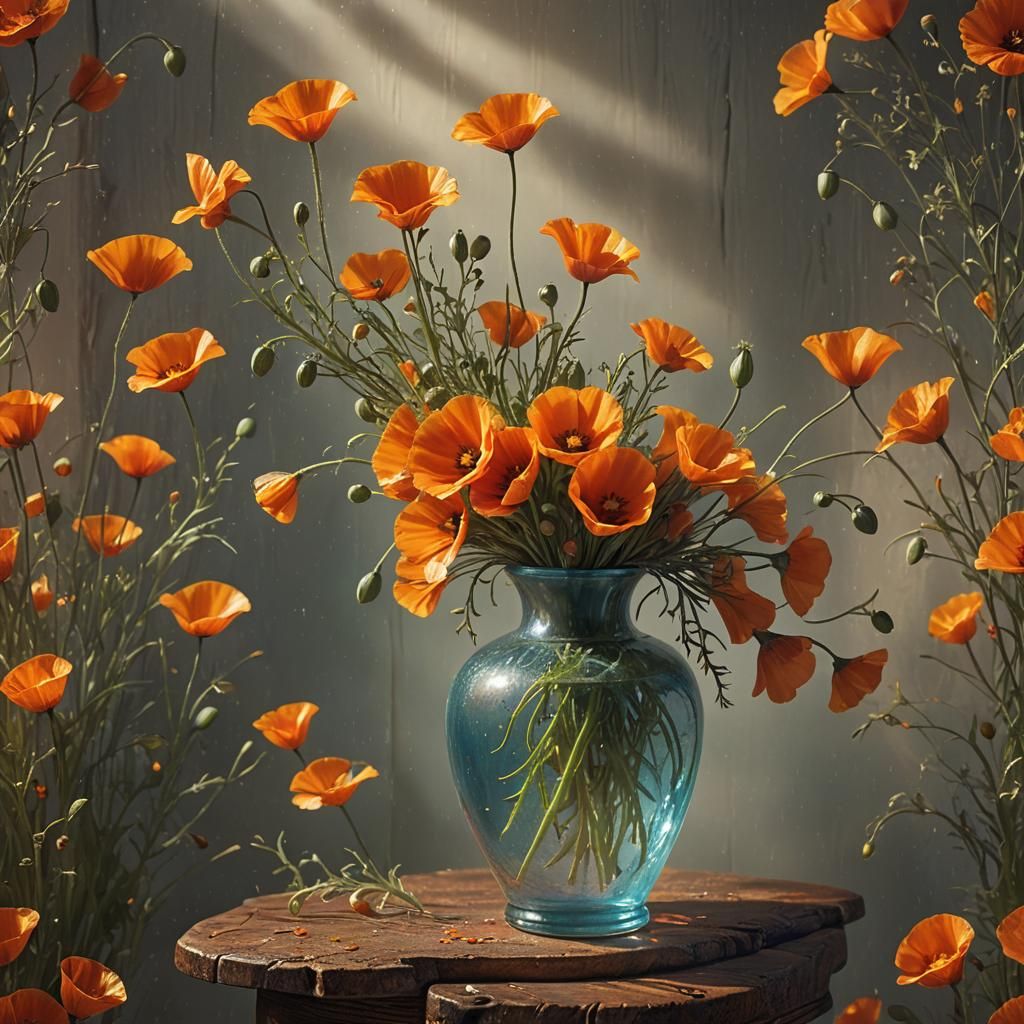 California Poppies in Vase: Macro Photography