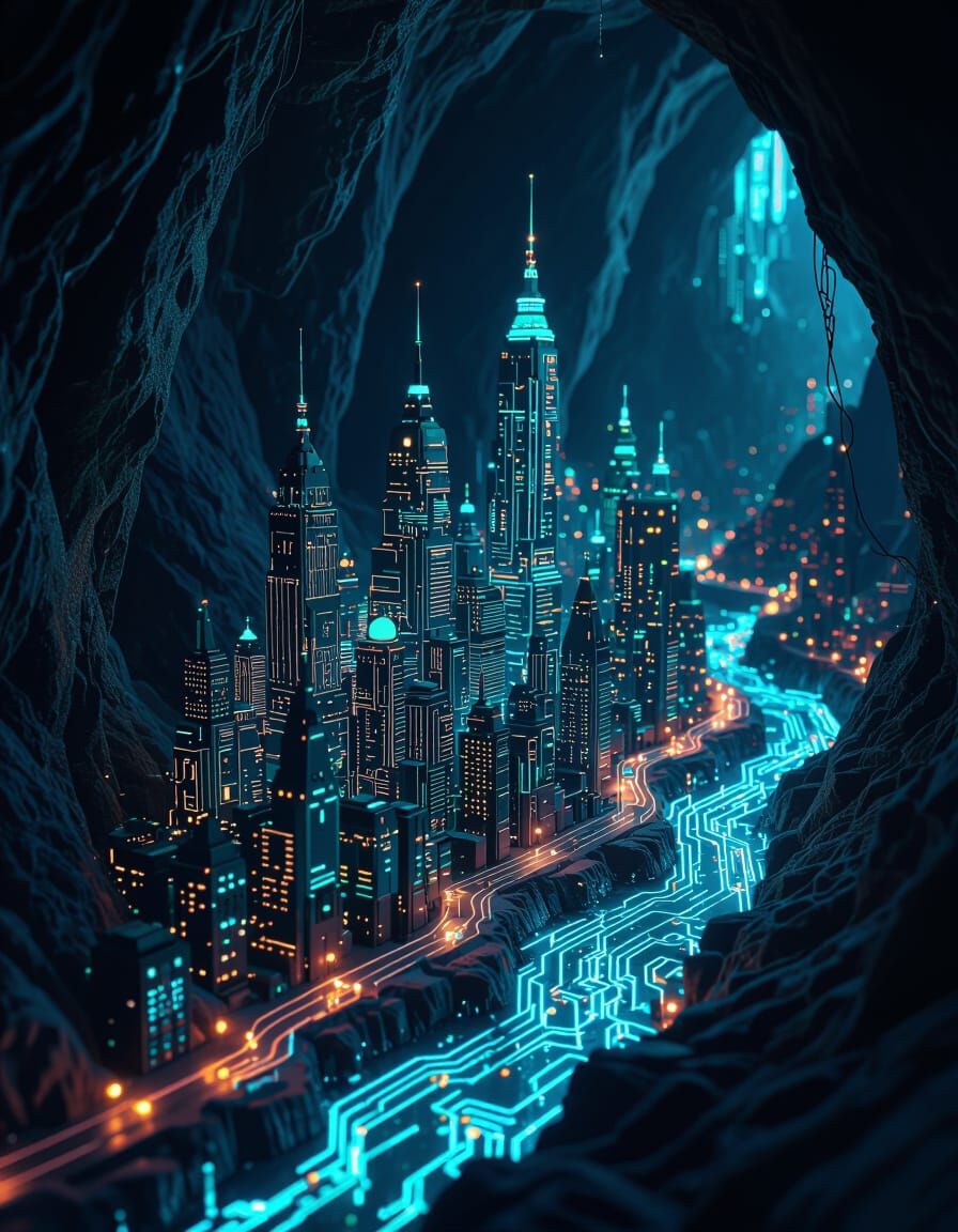 Glowing Circuit Board City in Dark Cavern