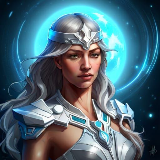 Silver Mecha Goddess Portrait in Cosmic Stardust