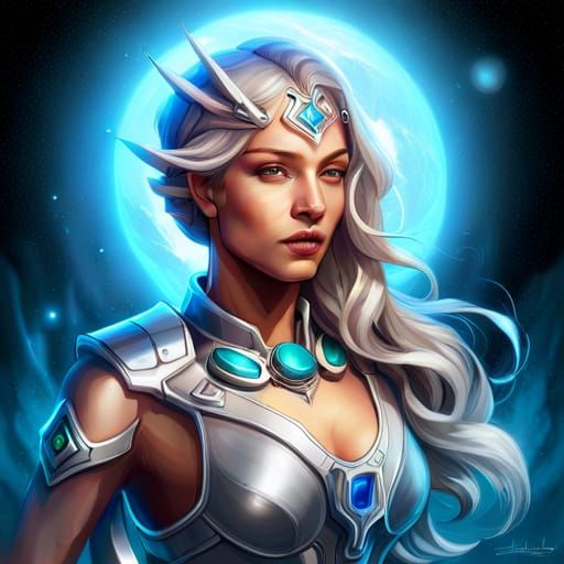 Majestic Silver Mecha Goddess in Cosmic Stardust