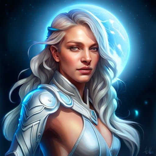 Silver Mecha Goddess in Cosmic Stardust