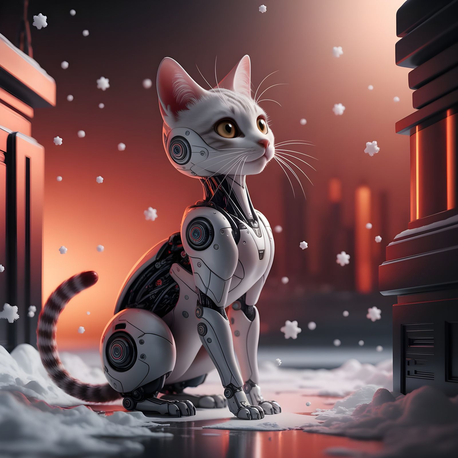 Catgirl Marvels at Snowfall in Futuristic City