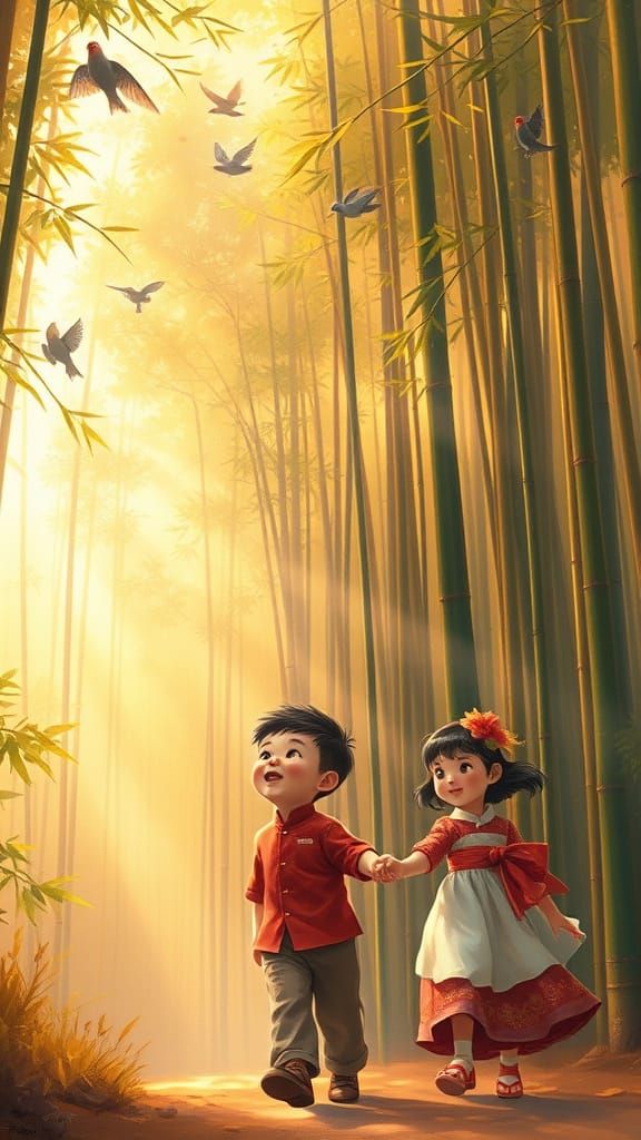Peaceful Bamboo Forest with Children Walking Hand in Hand in...
