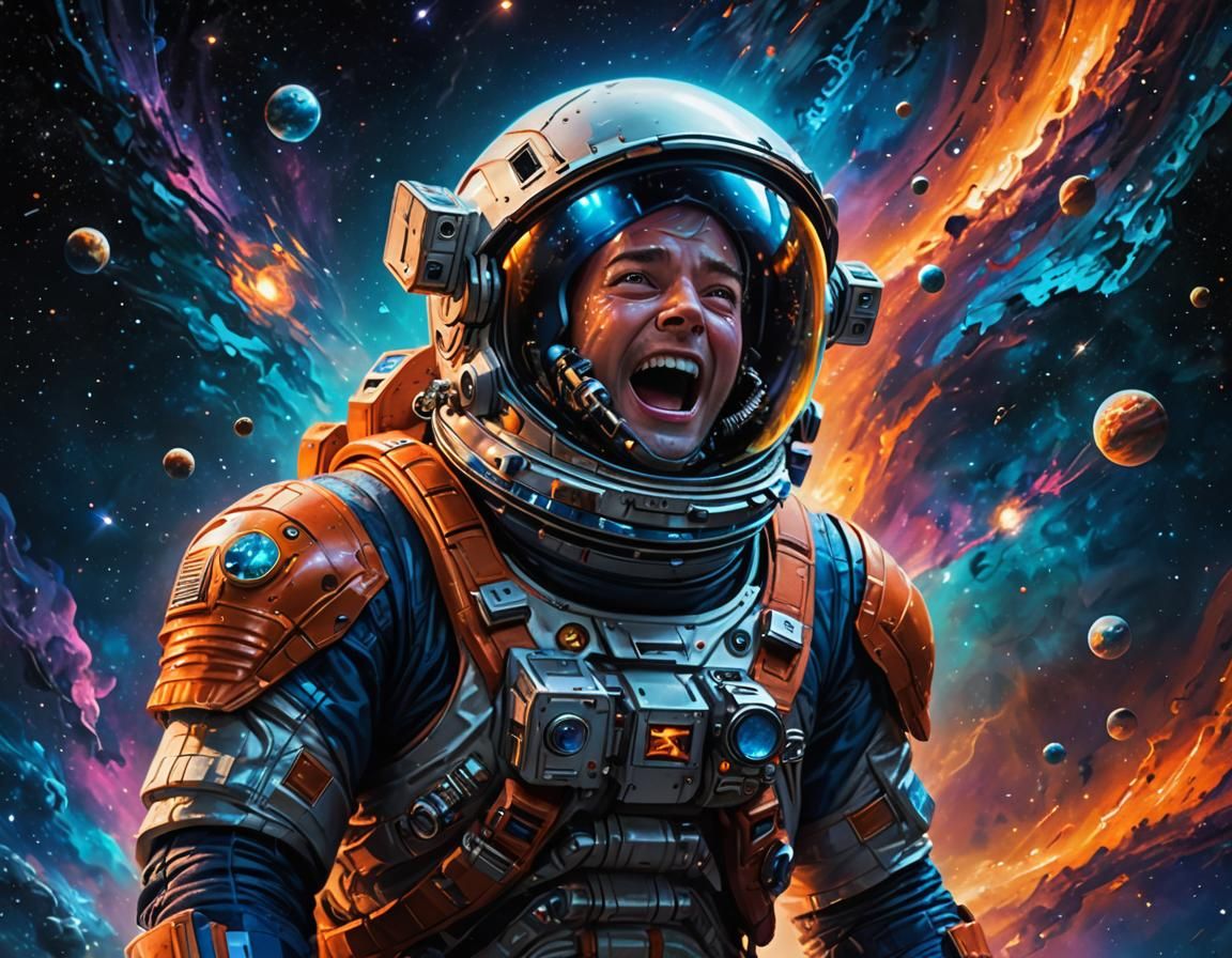 spaceman floating lost in space screams. zoom in on face. vi...