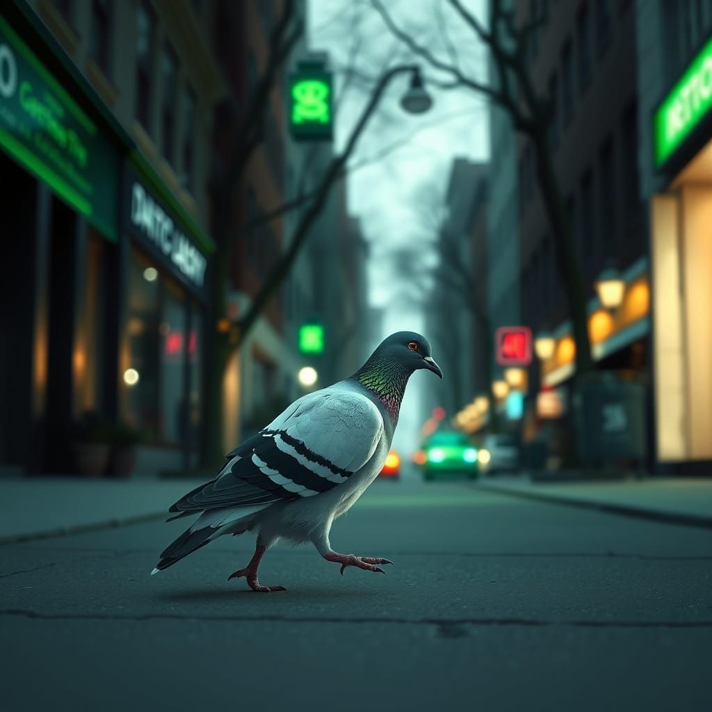 Green Lantern Creates Pigeon on Street in Minimalist Style