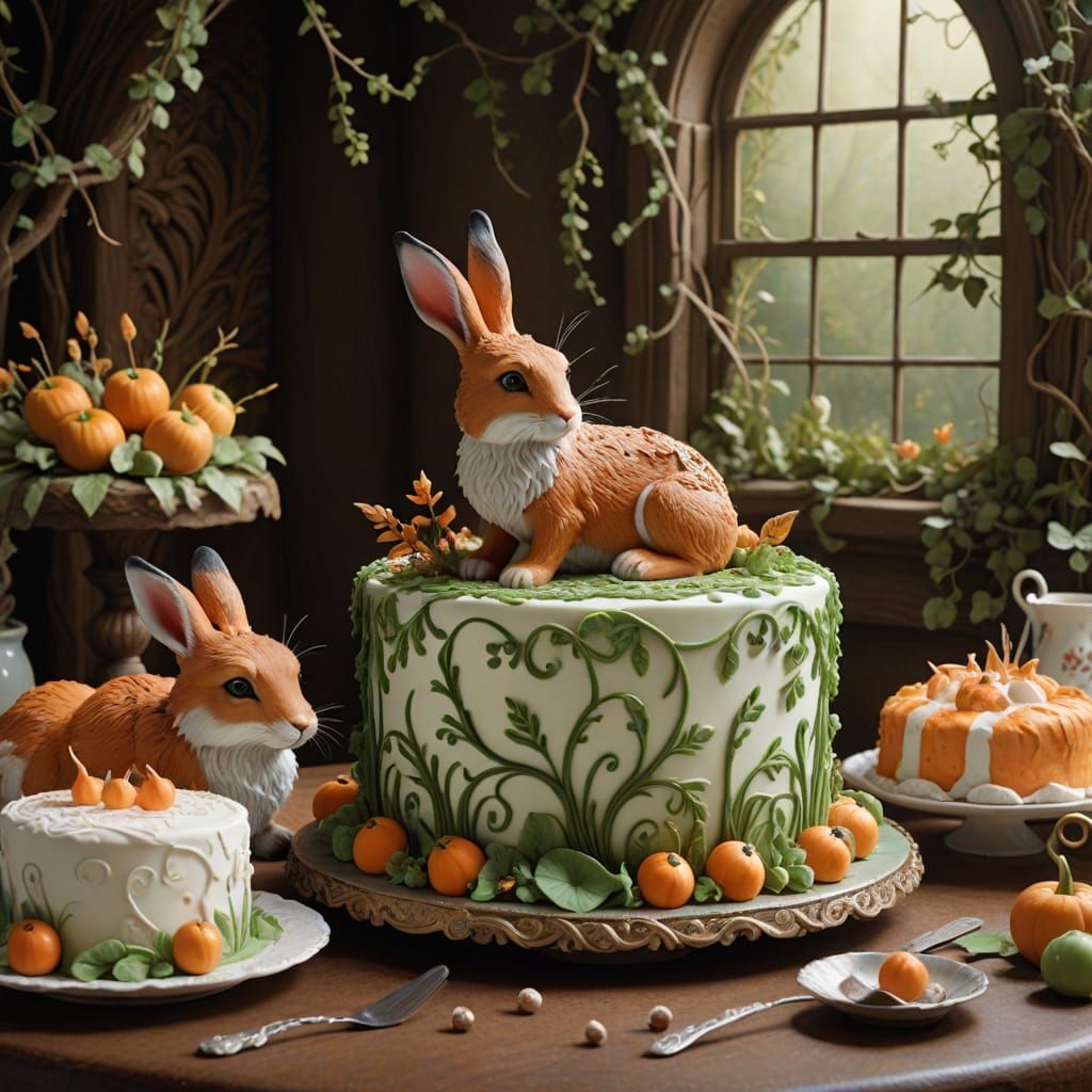 Intricate Rabbit and Fox Cakes in Whimsical Digital Painting