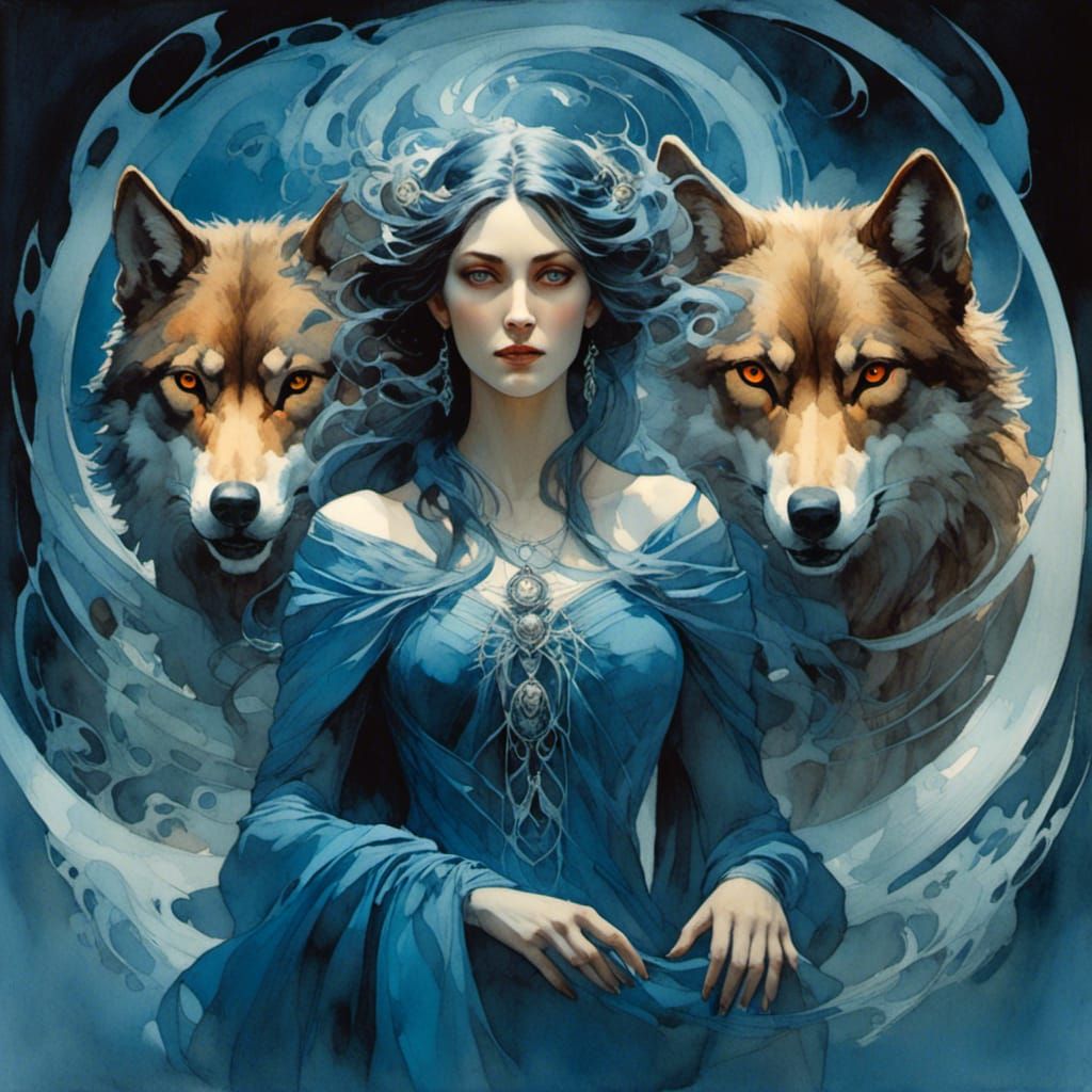 Mystical Woman with Wolves in Romantic Watercolor Style