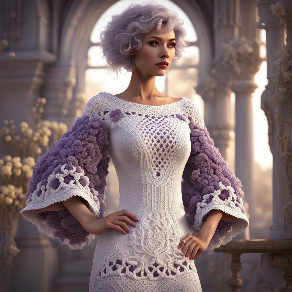 Elegant Knit and Crochet Dress in Lilac