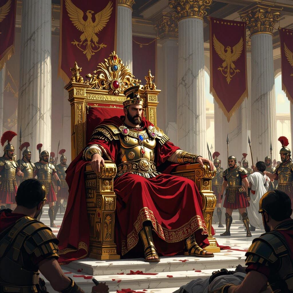 Emperor Diocletian on Golden Throne in Anime Style