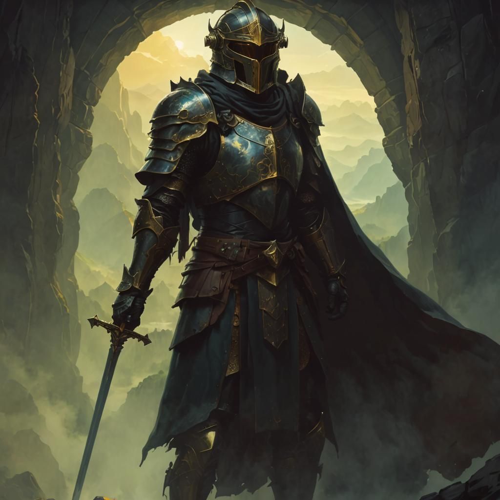 Armored Knight on Cliff in Dramatic Oil Painting Style
